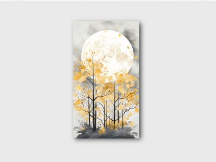 Akvarelový obraz s podzimními stromy a velkým měsícem