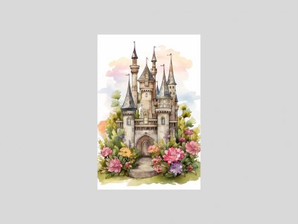 Akvarelový hrad s květinovým podstavcem