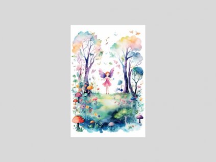 Akvarelový kouzelný les s vílami a motýly