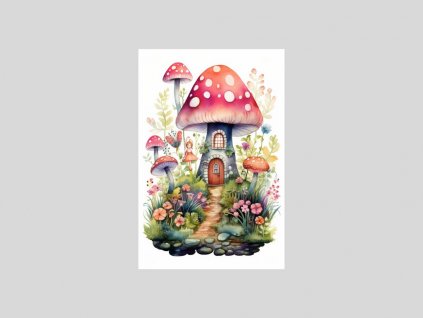 Akvarelová houbová chaloupka s malou vílou