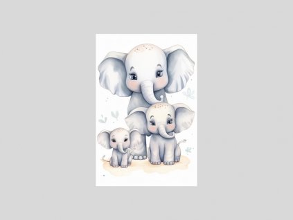Veselá Rodina Slonů s Akvarelovými Detaily