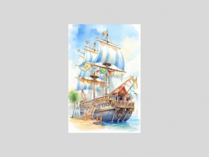 Akvarelová Loď u Tropické Pláže