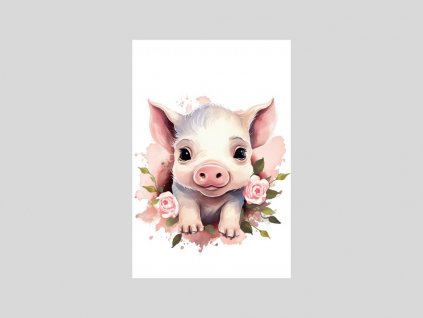 Akvarelový portrét prasátka s růžemi