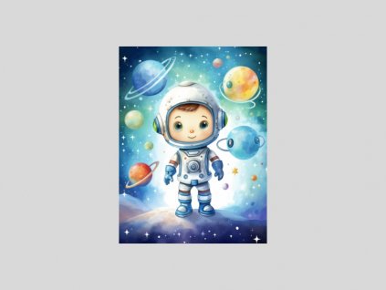 Akvarelový astronaut mezi planetami