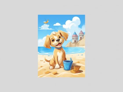 Akvarelový štěněcí dobrodruh na pláži
