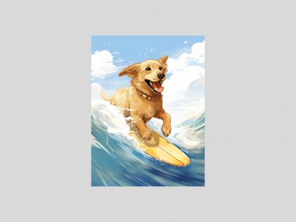 Akvarelový surfující pes na vlně