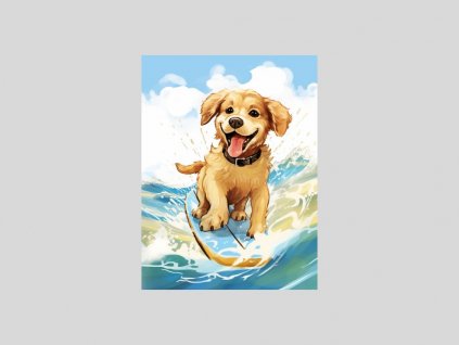 Šťastný pes surfující mezi vlnami