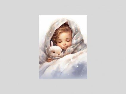 Klidné zimní objetí Dítě a králíček