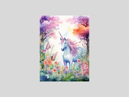 Magický akvarelový jednorožec v zářivé zahradě