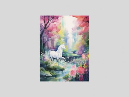 Jednorožec u klidného jezera v akvarelovém lese