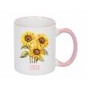 Keramický hrnek s potiskem živých slunečnic. Růžový okraj a ouško. Personalizovaný jménem.