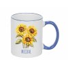 Keramický hrnek s potiskem živých slunečnic. Nebesky modrý okraj a ouško. Personalizovaný jménem.