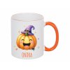 Keramický hrnek 325 ml s akvarelovým motivem veselé dýně v kouzelnickém klobouku z Halloween edice.