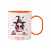 Plastový hrnek s motivem roztomilé čarodějnice, dýní a netopýrů, Halloween edice.