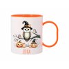 Plastový hrnek s motivem sov v kouzelnickém klobouku a dýní, Halloween edice.