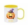Plastový hrnek s veselou dýní v kouzelnickém klobouku a malým pavoukem, Halloween edice.