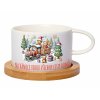 Hrnek makronka 200 ml – Vánoční Expres s motivem vánočního vláčku s medvídky, dárky a stromečky a bambusovým podšálkem