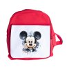 Červený dětský batoh s potiskem myšáka a bílou přední klopou