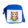 Modrý dětský batůžek s akvarelovým motivem barevné sovičky s velkýma očima.