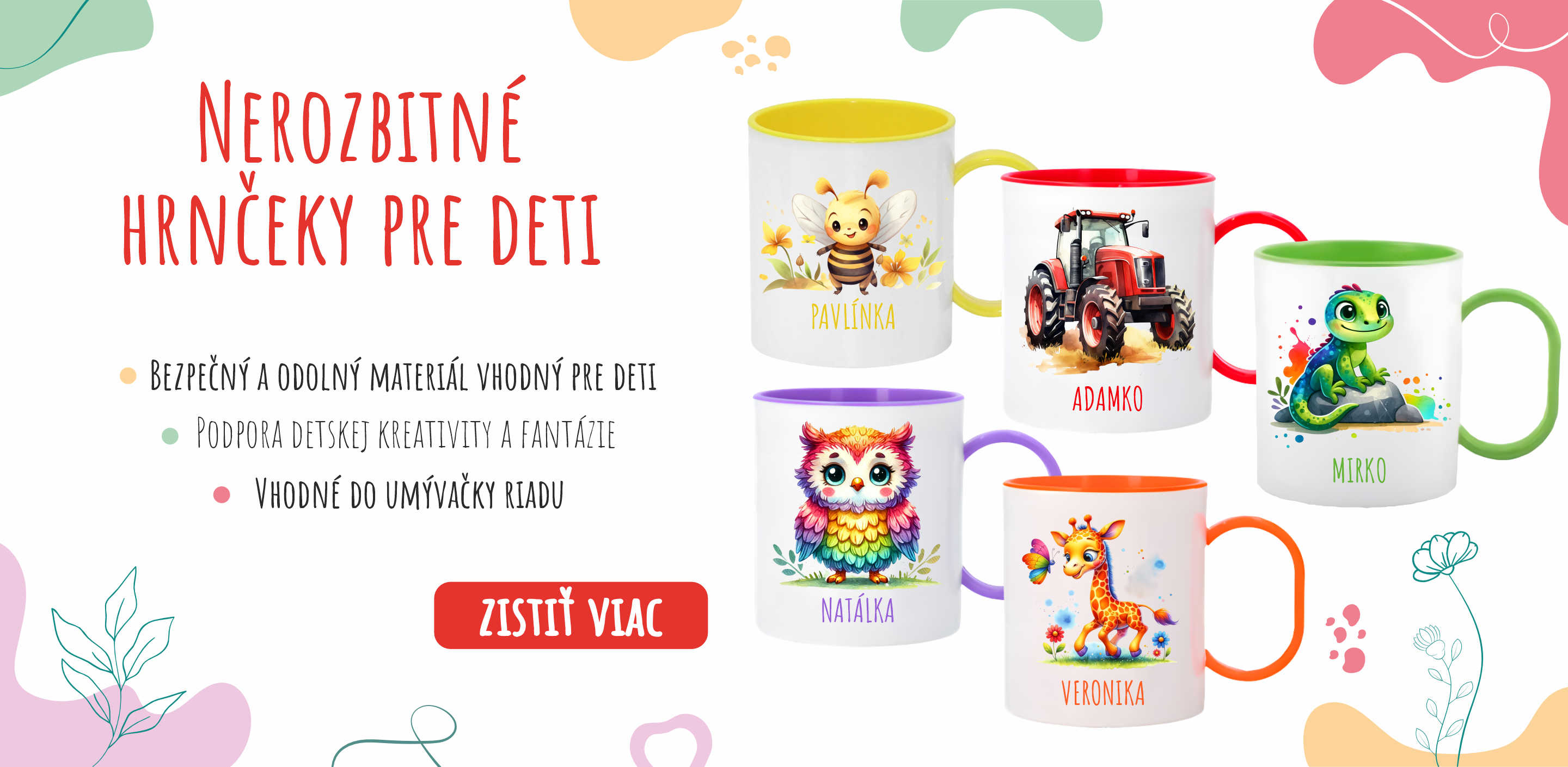 Farebné plastové detské hrnčeky s potlačou mena a motívom, bezpečné, nerozbitné, vhodné do umývačky, podporujúce kreativitu.