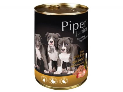 PIPER JUNIOR s kuřecími žaludky a hnědou rýží, konzerva pro štěňata 400g
