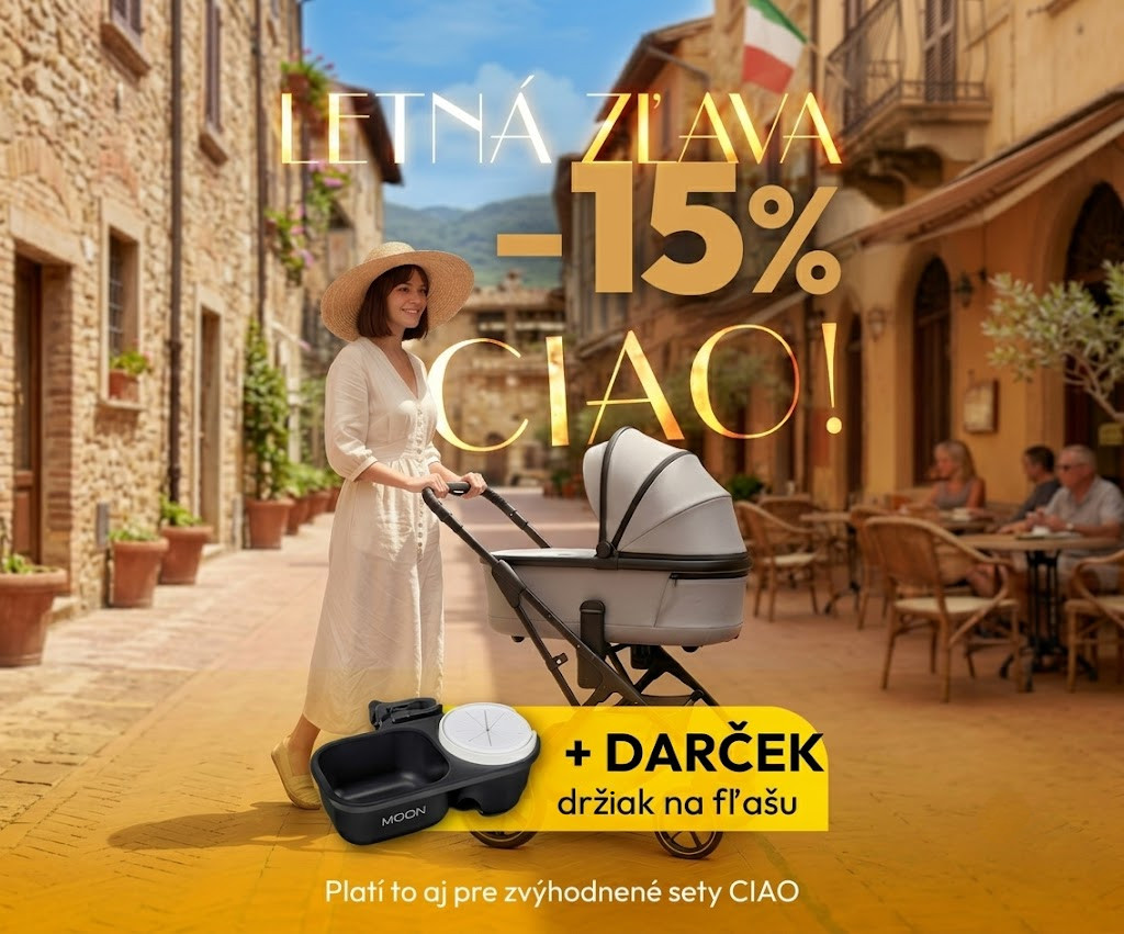 Využite 15% zľavu na kočíky Moon Ciao + držiak na fľašu ZDARMA.