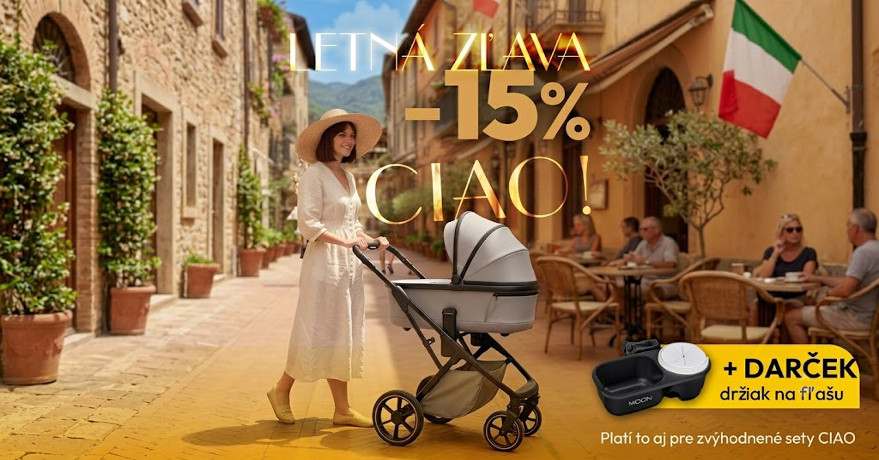 Využite 15% zľavu na kočíky Moon Ciao + držiak na fľašu ZDARMA.