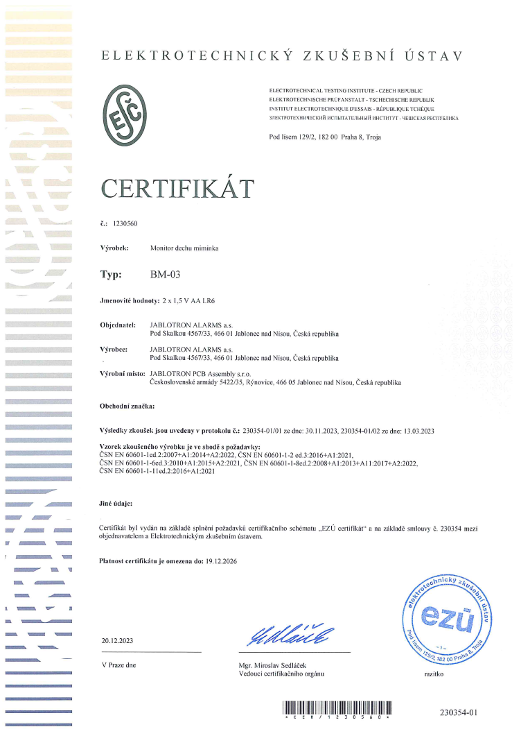 JABLOTRON Monitor dychu NANNY BM-03 - Certifikovaný zdravotnícky prostriedok: trieda IIb