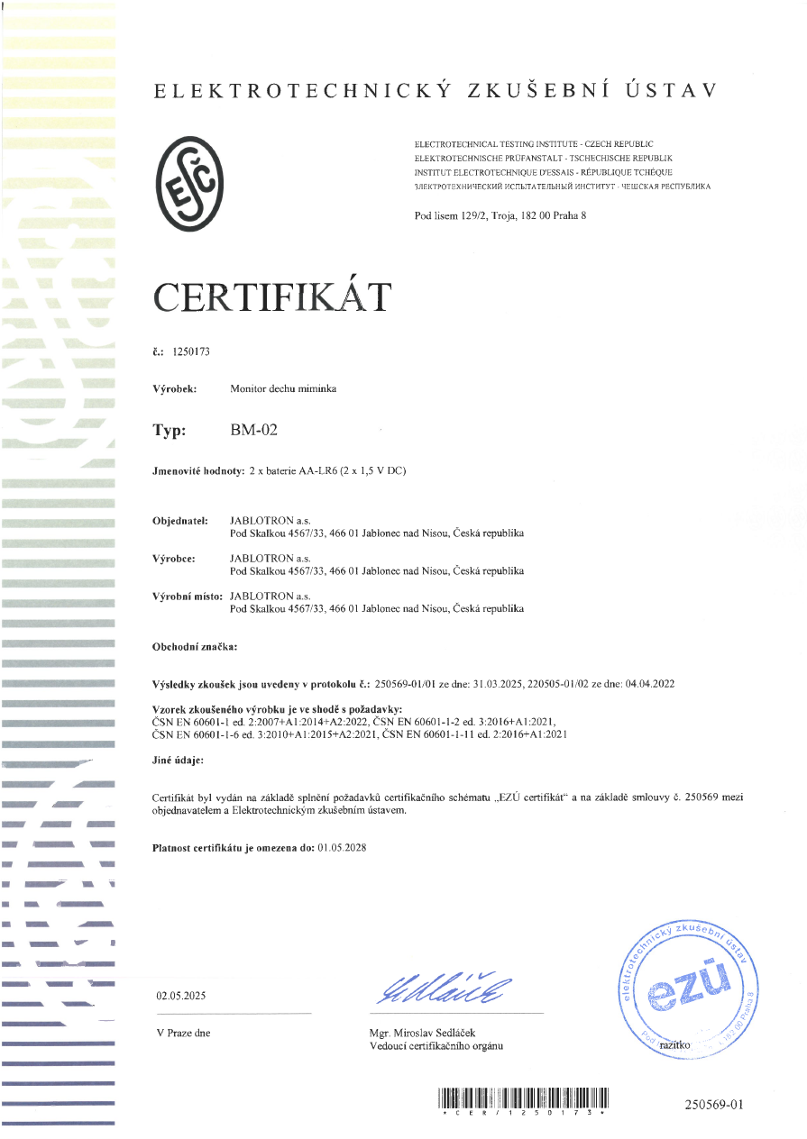 JABLOTRON Monitor dychu NANNY BM-02A - Certifikát