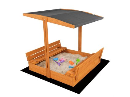 Detské drevené uzatvárateľné pieskovisko s lavičkami a strieškou Baby Mix 120x120 cm sivé - 58129
