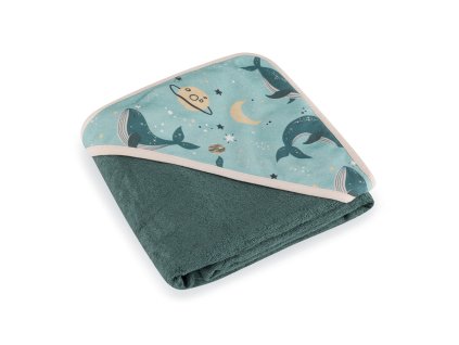 PETITE&MARS Osuška bambusová s kapucňou Loulou Whale Song 100 x 100 cm