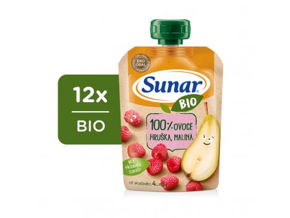 12x SUNAR BIO ovocná kapsička hruška, malina 4m+, 100 g