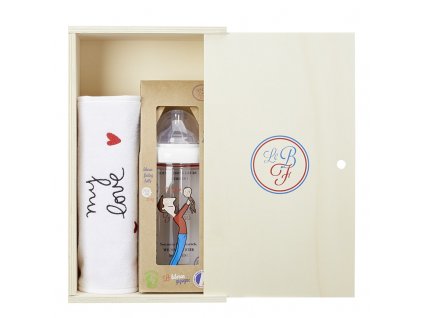 DARČEKOVÝ DREVENÝ BOX LE BIBERON FRANCAIS S PODBRADNÍKOM MY LOVE A DOJČENSKOU FĽAŠOU FATHER BABY, 360ML, 6+M