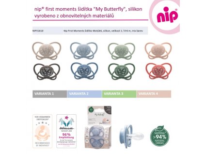 NIP FIRST moments cumlík Motýlik, silikón, v.1 / 0-6m, mix farieb