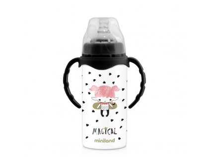 Miniland Nerezová termoska s cumlíkom Magical, 240ml, čierno biela