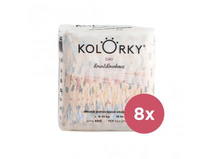 8x KOLORKY DAY Plienky jednorazové eko, dážď&dúhy L (8-13 kg) 19 ks