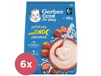 6x GERBER Kaša mliečna cereal jahodová Dobrú noc 230 g