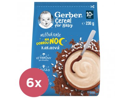 6x GERBER Kaša mliečna cereal kakaová Dobrú noc 230 g