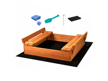 Detské drevené pieskovisko s poklopom a lavičkami Baby Mix 100x100 cm - 56174