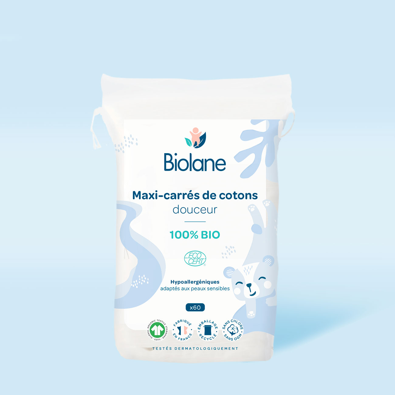 E-shop Biolane Bio hypoalergénne bavlnené čistiace maxi vankúšiky, 60ks