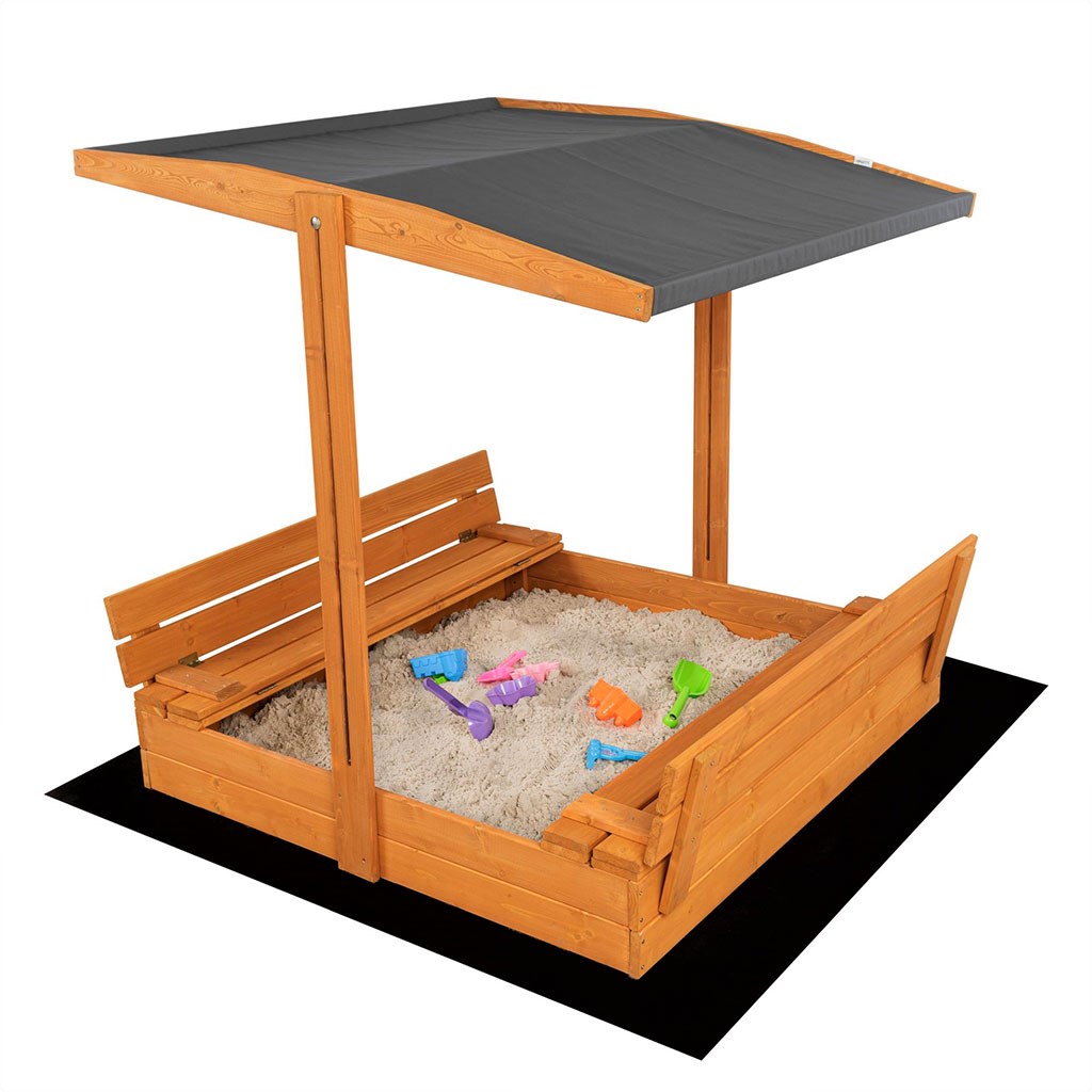 E-shop Detské drevené uzatvárateľné pieskovisko s lavičkami a strieškou Baby Mix 120x120 cm sivé - 58129