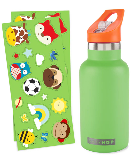 E-shop SKIPHOP SKIP HOP Fľaša s nálepkami so slamkovým náustkom nerezová zelená 380 ml, 4r+