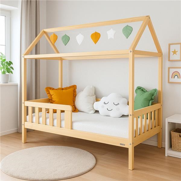 E-shop Detská posteľ domček so zábradlím a roštom New Baby CASTELLO 160x80 cm prírodná - 58049