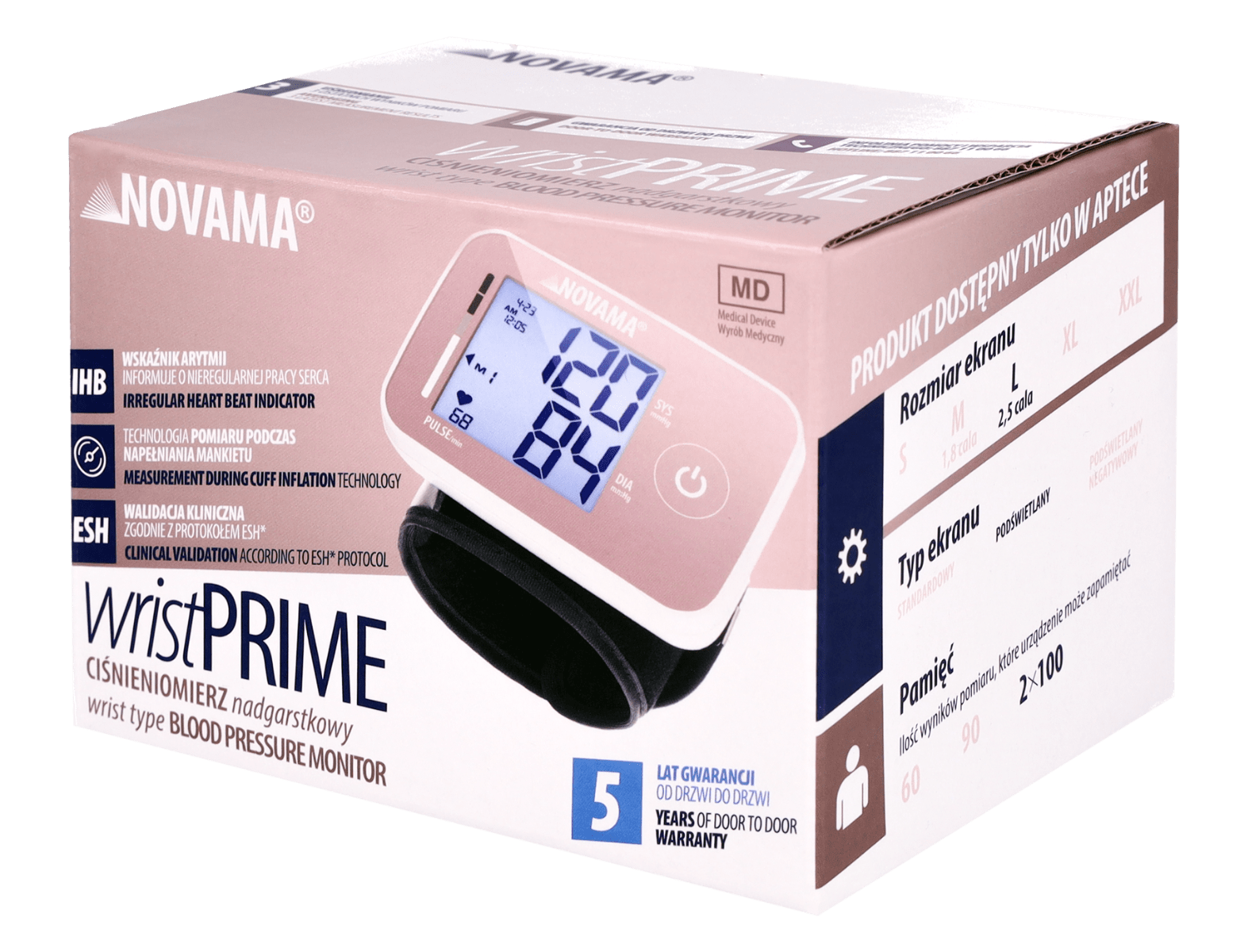 E-shop NOVAMA WRIST PRIME Pink zápästný tlakomer s detekciou arytmie a protokolom ESH