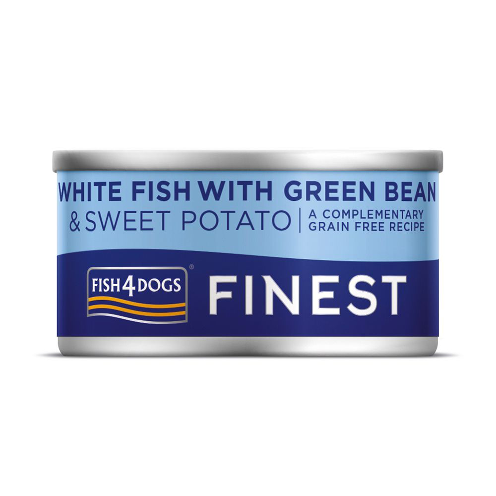 E-shop FISH4DOGS Konzerva pre psov Finest s bielou rybou, sladkými zemiakmi a zelenými fazuľkami 85g
