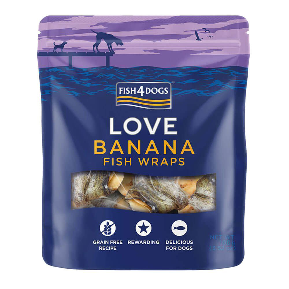 E-shop FISH4DOGS Maškrty pre psovv LOVE rybie závitky s banánom 100 g