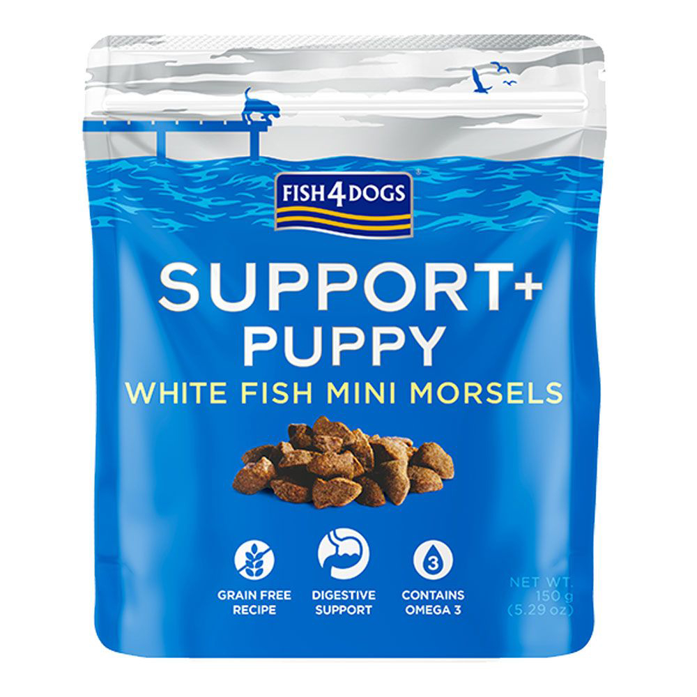 E-shop FISH4DOGS Maškrty pre šteniatka SUPPORT+ podpora trávenia biela ryba s prebiotikami 150 g