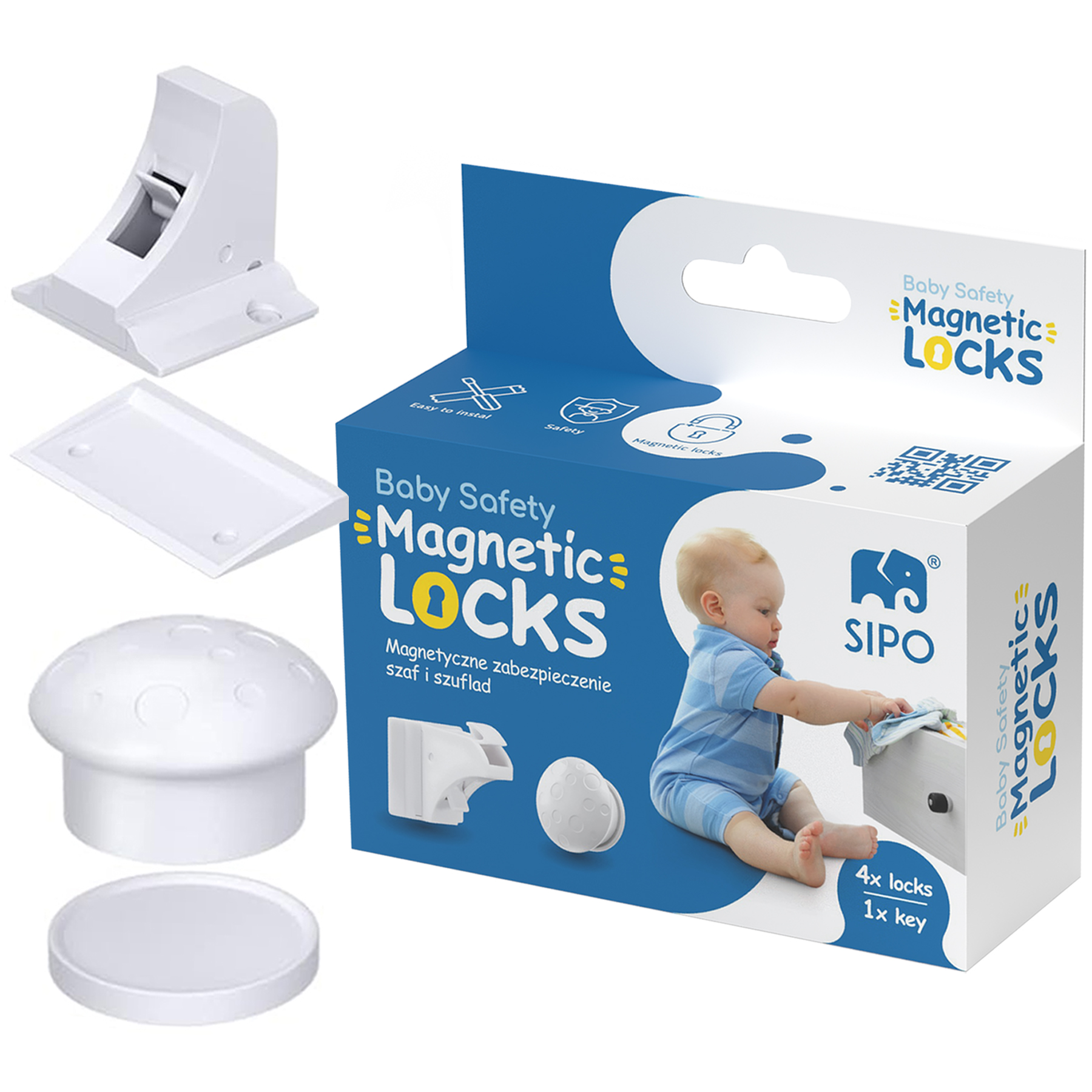 E-shop Sipo Magnetické zámky skriniek a zásuviek, sada 4 ks + 1x magnetický kľúč, WHITE