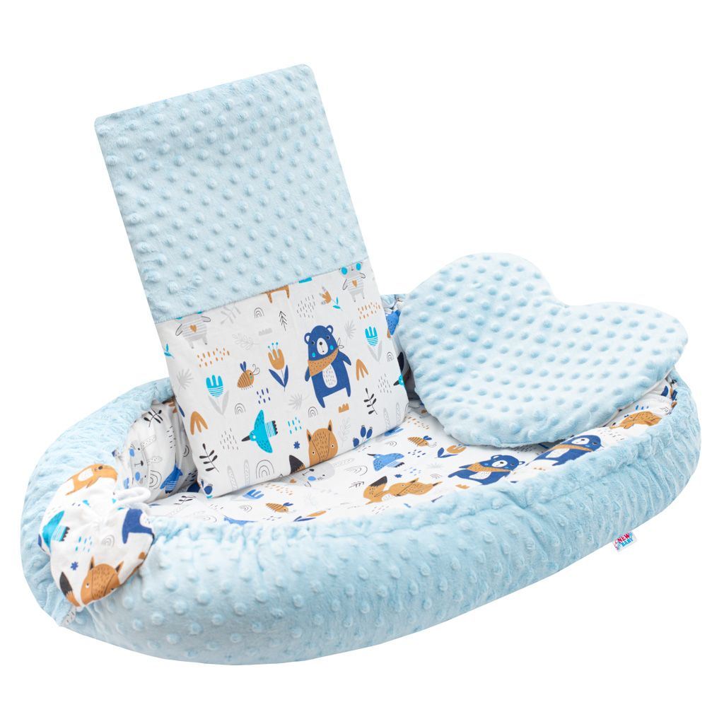 E-shop Luxusné hniezdočko s vankúšikom a perinkou New Baby z Minky modré - 42978