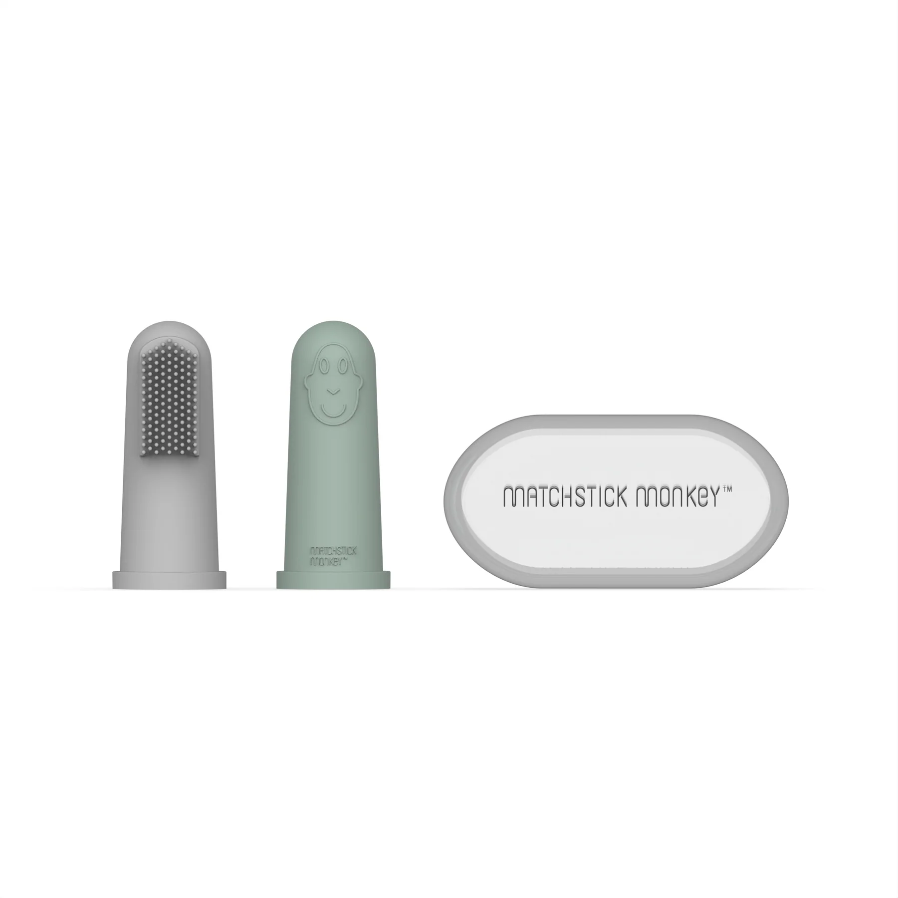 E-shop SILIKÓNOVÉ ZUBNÉ KEFKY NA PRST S PUZDROM MATCHSTICK MONKEY - GREY AND MINT GREEN